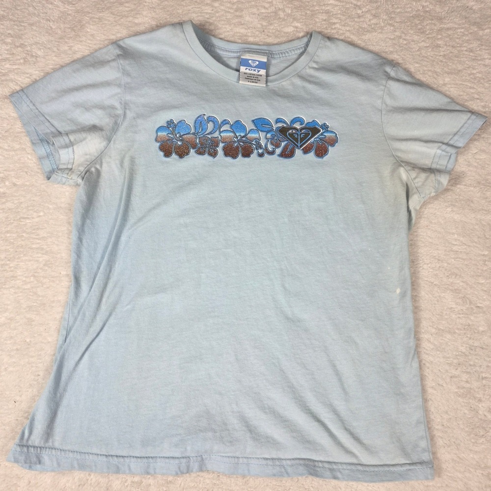 Roxy T-Shirt Women XL Blue Y2K Hibiscus Glitter Surf Beachโ BabydollTee